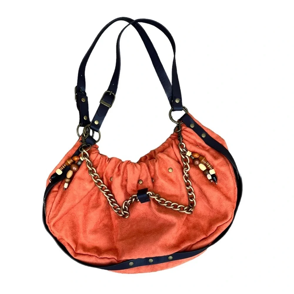 Lulu Boho Faux Suede & Leather Hobo Shoulder Bag with Chain and Bead Detailing - Picture 2 of 5